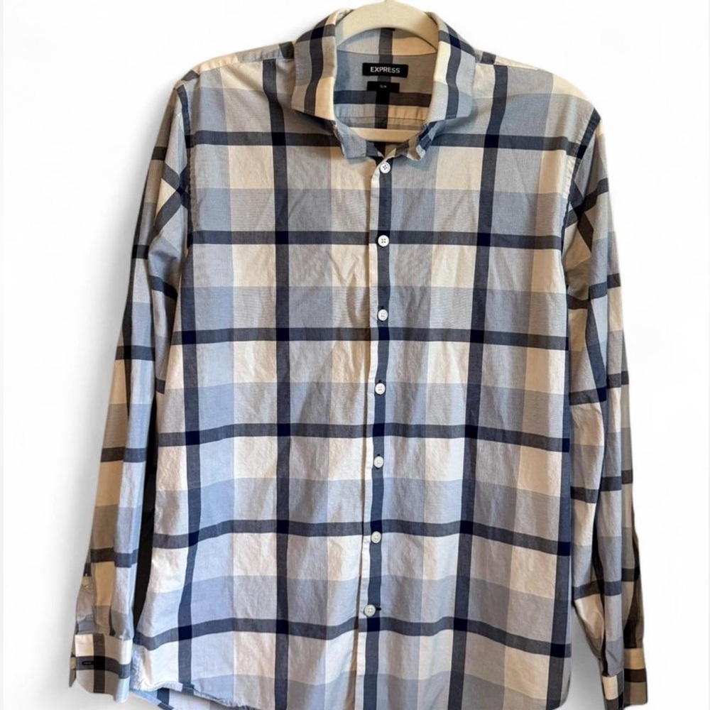 Express Men's Slim Medium Blue and White Plaid Shirt